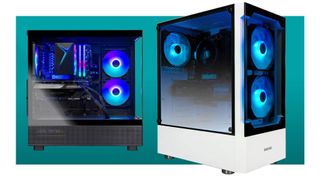 Two RX 9060 XT gaming PCs on a green/blue background