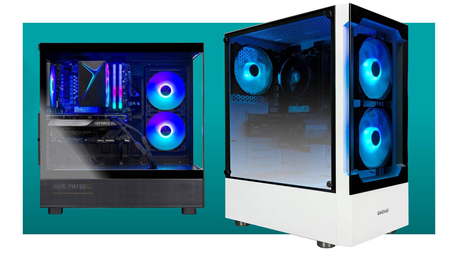 Two RX 9060 XT gaming PCs on a green/blue background