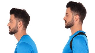 Man slouching on left and in correct posture on right