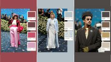 Three celebrities at the Met Gala, with Farrow & Ball color swatches besides each celebrity relating to the color palette of their outfit.