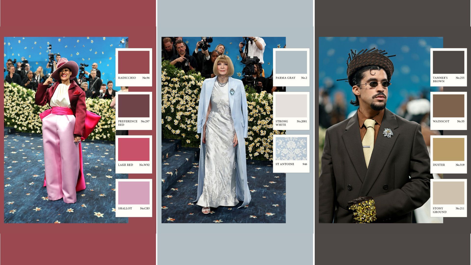 Three celebrities at the Met Gala, with Farrow & Ball color swatches besides each celebrity relating to the color palette of their outfit. 