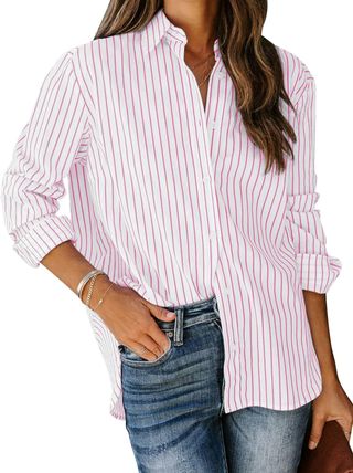 siliteelon Womens Button Down Shirts Cotton Striped Dress Shirt Long Sleeve CollaGreen Office Work Blouses Tops - Pink and White S