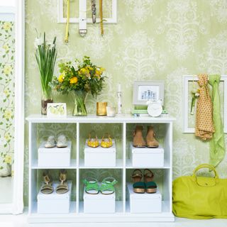 room with shoe rack and flower vase on it