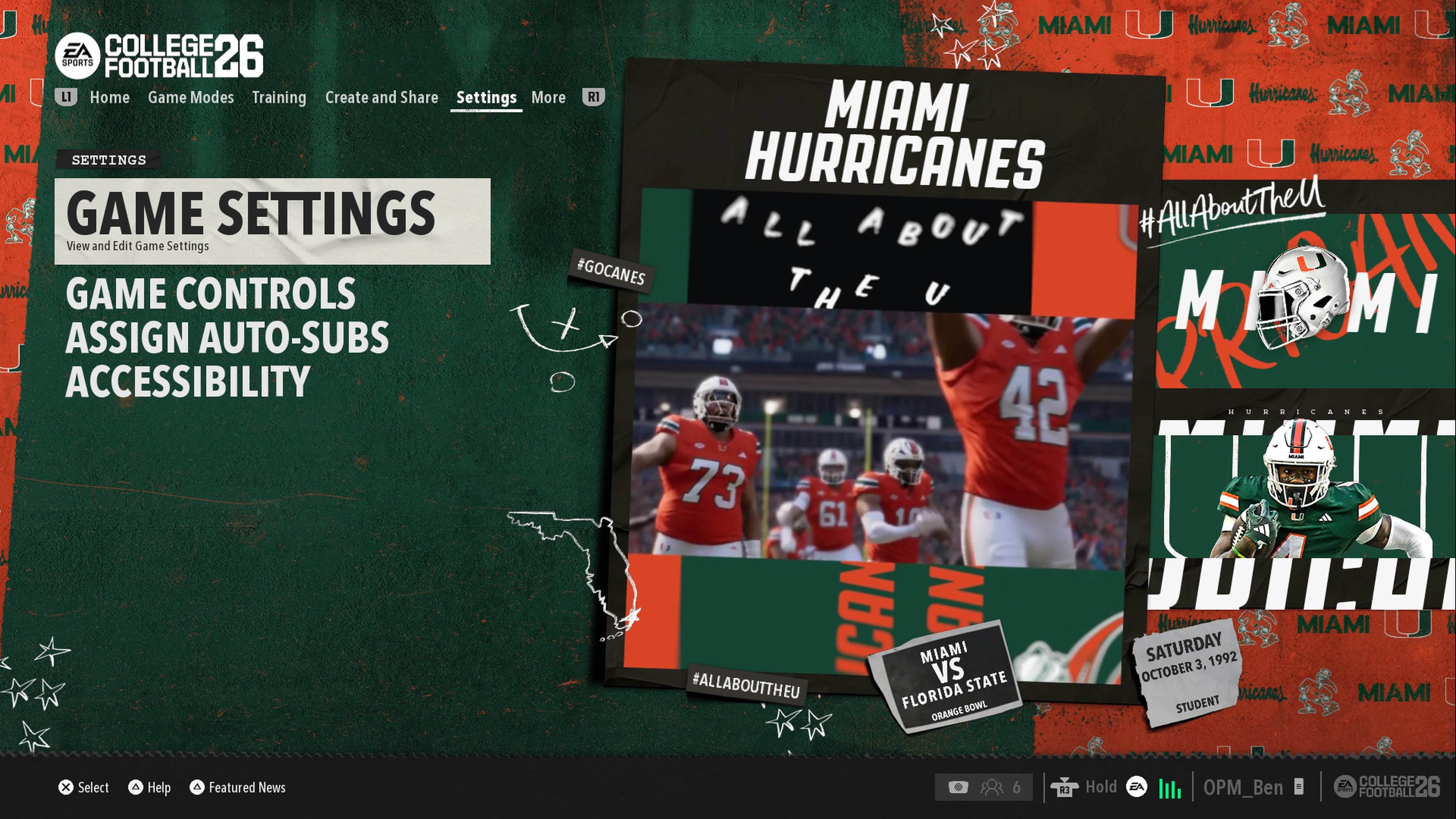 The College Football 26 home screen and settings menu