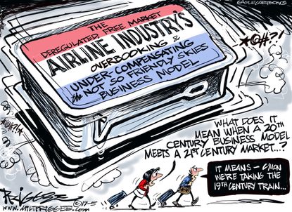 Editorial Cartoon U.S. Air travel Overbooking Airlines Trains Economy Business