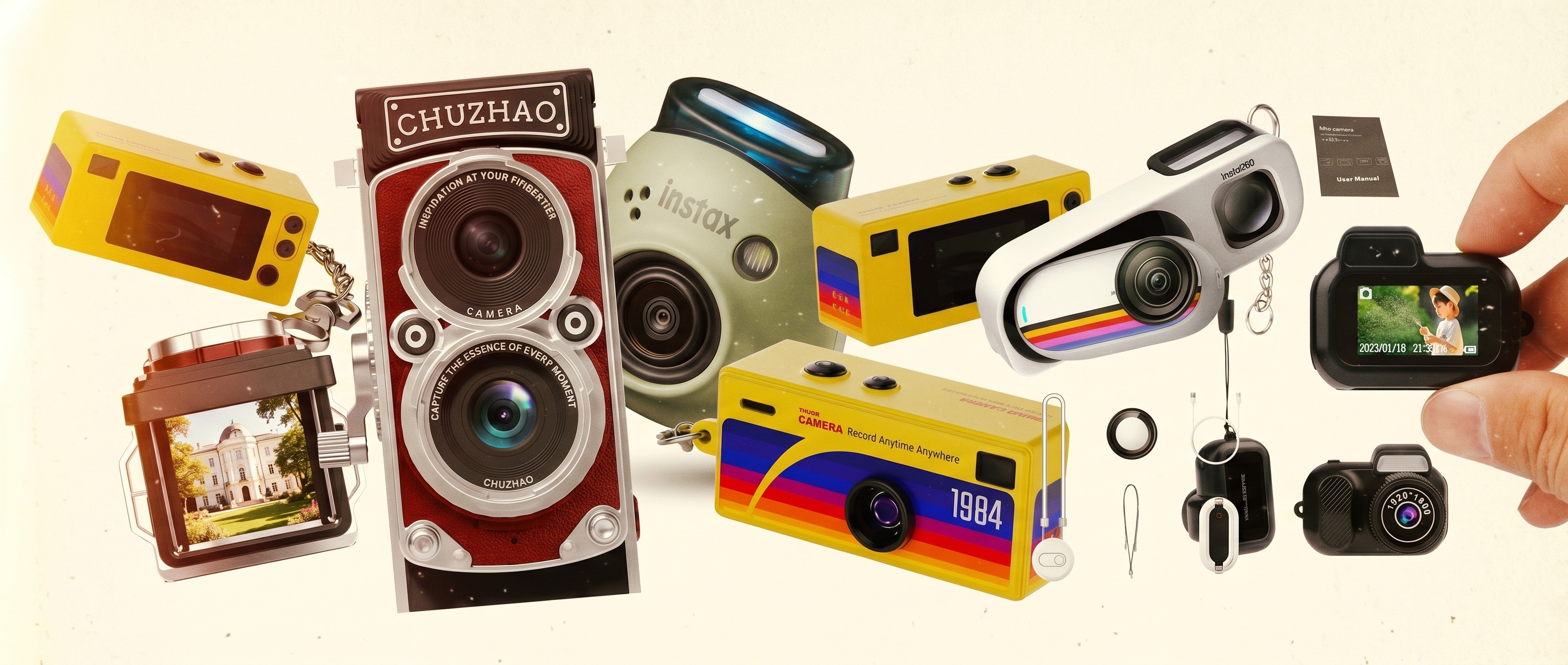 A collection of miniature cameras grouped together on a scrapbook-themed background