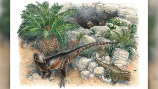 An illustration of the newly described Pendraig milnerae, the oldest meat-eating dinosaur known from the United Kingdom. Next to it are three lizard-like reptiles known scientifically as Clevosaurus cambrica.