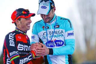 Paris-Roubaix champion Tom Boonen and third-place finisher Alessandro Ballan on the podium.