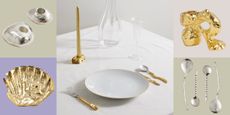 Alighieri gold and silver tableware, including candle holders, a shell dish, and sculptural silver spoons