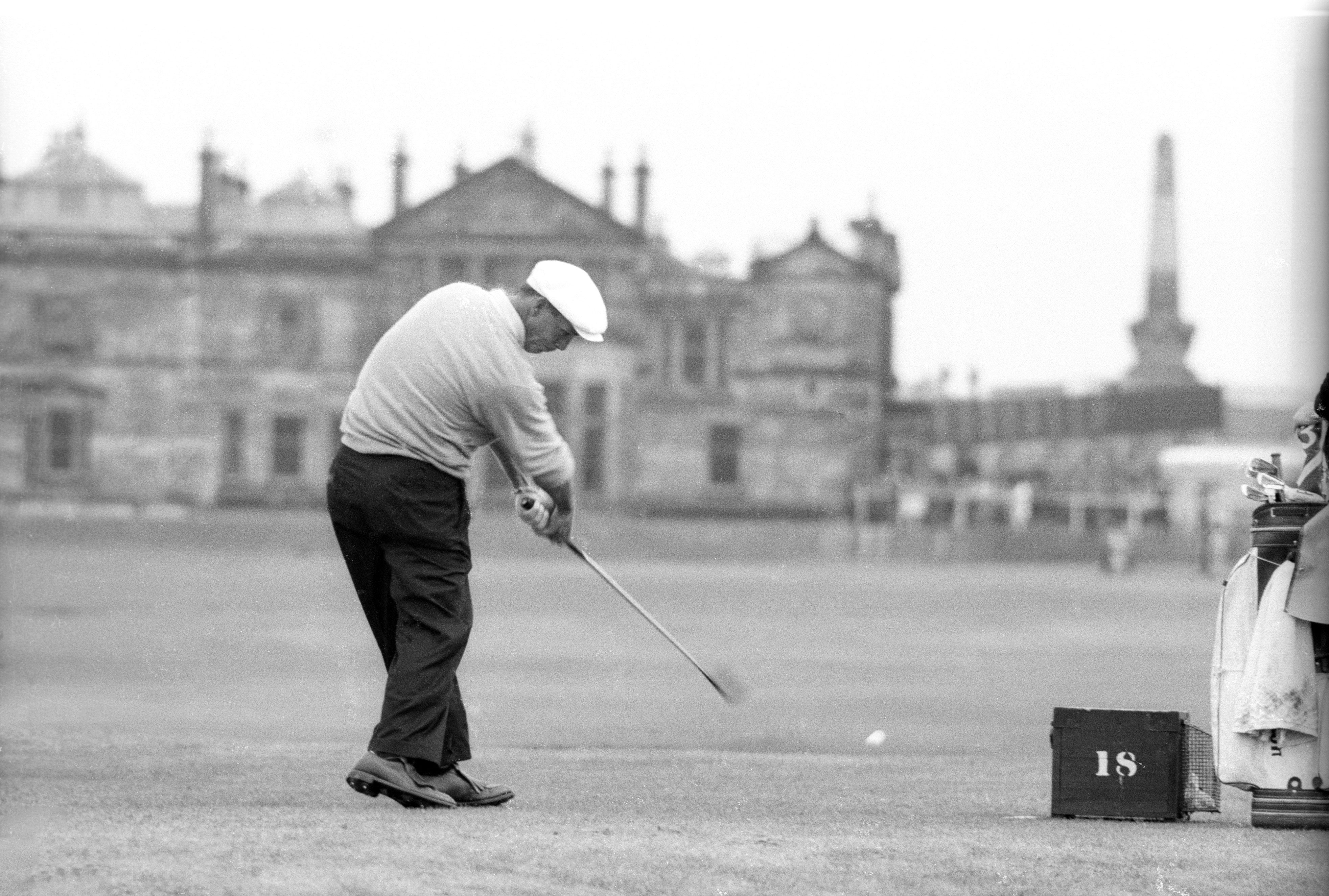 Arnold Palmer driving on the 18th at St Andrews in 1960