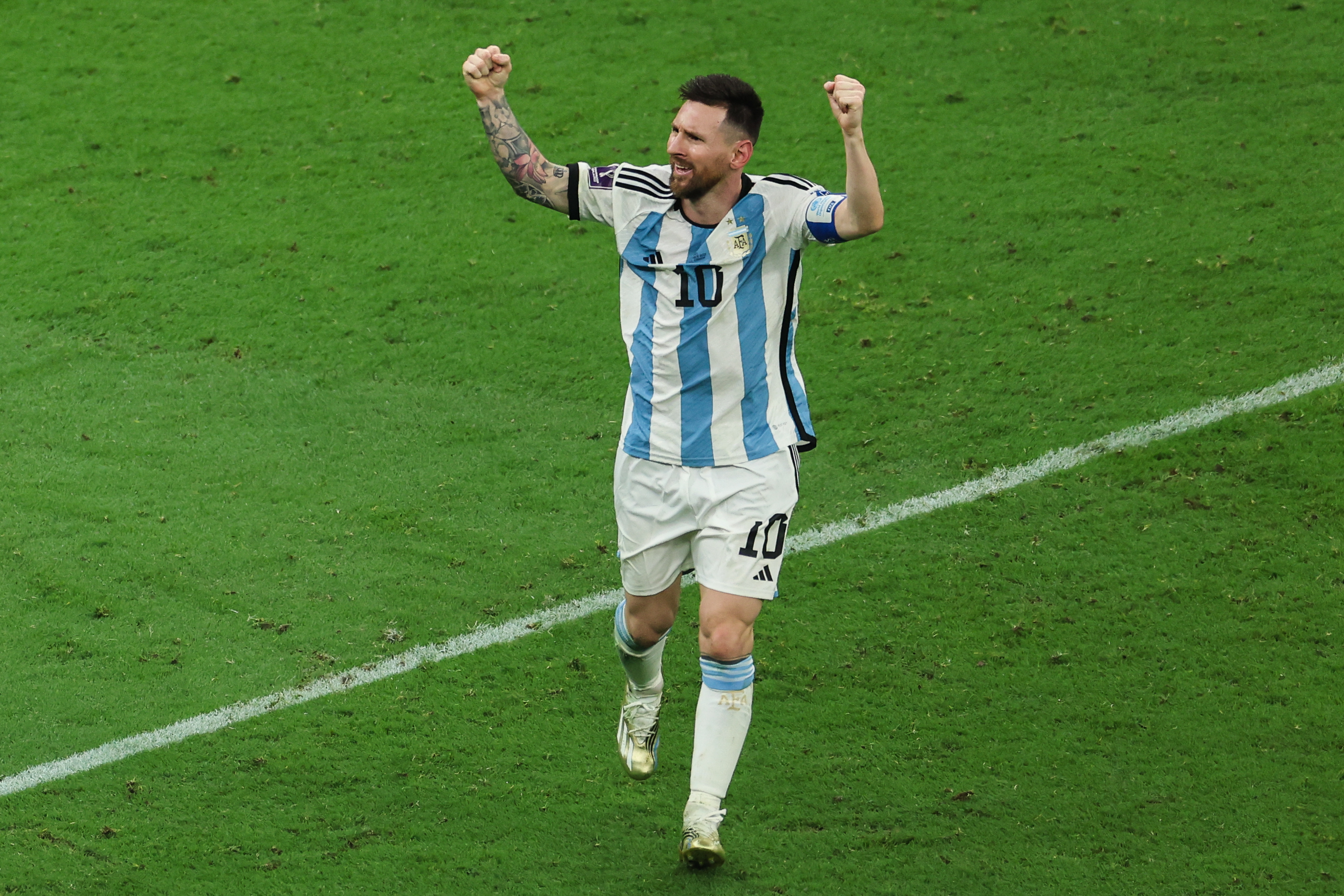 Lionel Messi celebrates a goal for Argentina against France in the 2022 World cup final.