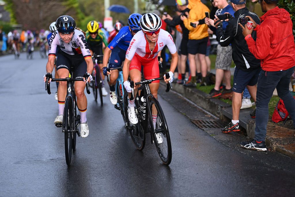 WOLLONGONG AUSTRALIA SEPTEMBER 24 LR Liane Lippert of Germany and Katarzyna Niewiadoma of Poland competing in the breakaway during the 95th UCI Road World Championships 2022 Women Elite Road Race a 1643km one day race from Wollongong to Wollongong Wollongong2022 on September 24 2022 in Wollongong Australia Photo by Tim de WaeleGetty Images
