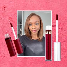 a graphic featuring a selfie of a woman with brown hair wearing berry lipstick next to two tubes of berry lipstick