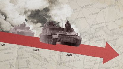 Photo collage of Russian tanks driving down a red arrow, sloping downwards, on the background of a map of the Russia-Ukraine border.