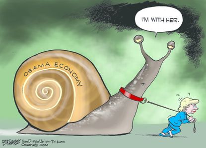 Political cartoon U.S. Hillary election 2016 Obama economy slug