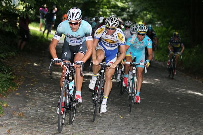 Gert Steegmans (OPQS) leads the group on the cobbles