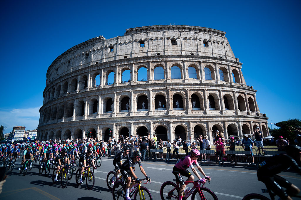 Jonas Vingegaard of Denmark and Team Visma | Lease a Bike - Pink Leader Jersey competes with the Colosseum in the background during the 109th Giro d'Italia 2026, Stage 21, a 131km stage from Rome to Rome, on May 31, 2026, in Rome, Italy. (Photo by Massimo Valicchia/NurPhoto)