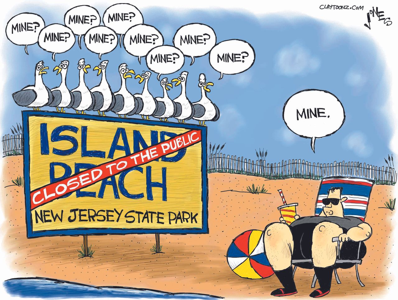 Political cartoon U.S. Chis Christie New Jersey beach closing