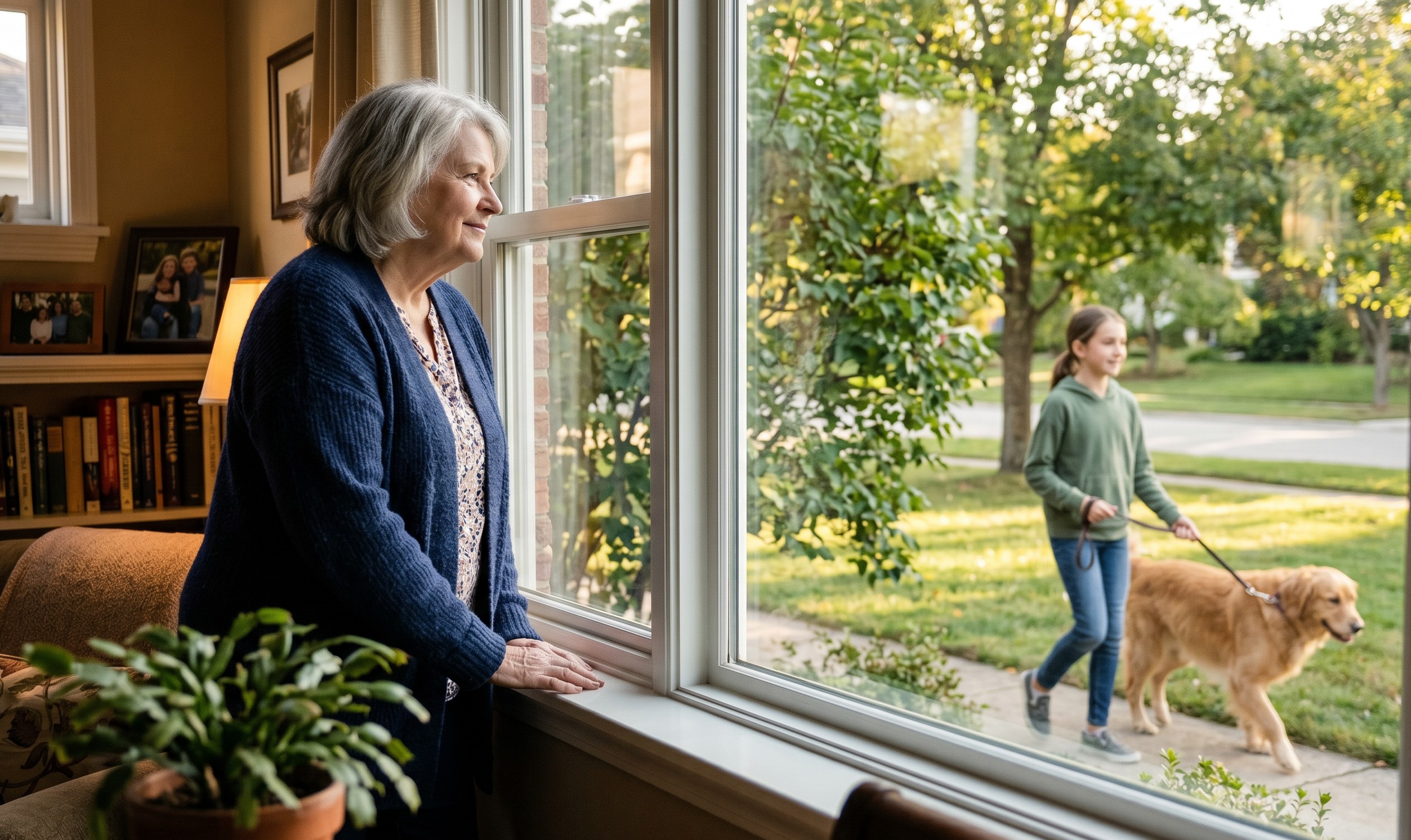 grandmother watching tween granddaughter walk dog.