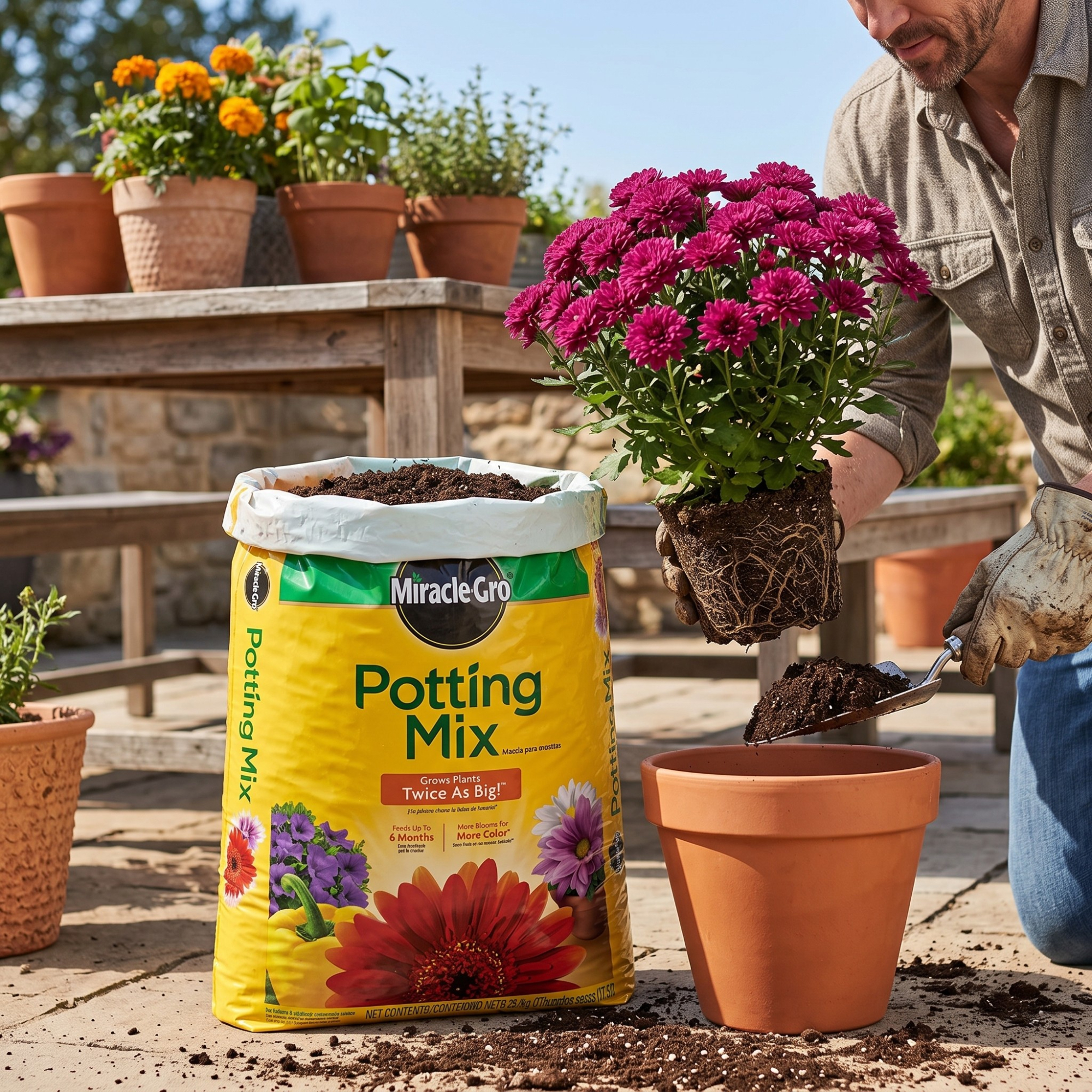 Man using Miracle-Gro Potting Mix to pot up flowering chrysanthemums for autumn