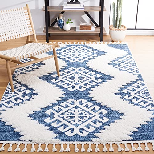 Safavieh Moroccan Tassel Shag Collection Accent Rug - 4' X 6', Blue &amp;amp; Ivory, Boho Design, Non-Shedding &amp;amp; Easy Care, 2-Inch Thick Ideal for High Traffic Areas in Foyer, Living Room, Bedroom (mts652m)