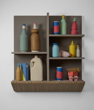 Ceramic artwork with shelf on the wall full of household items