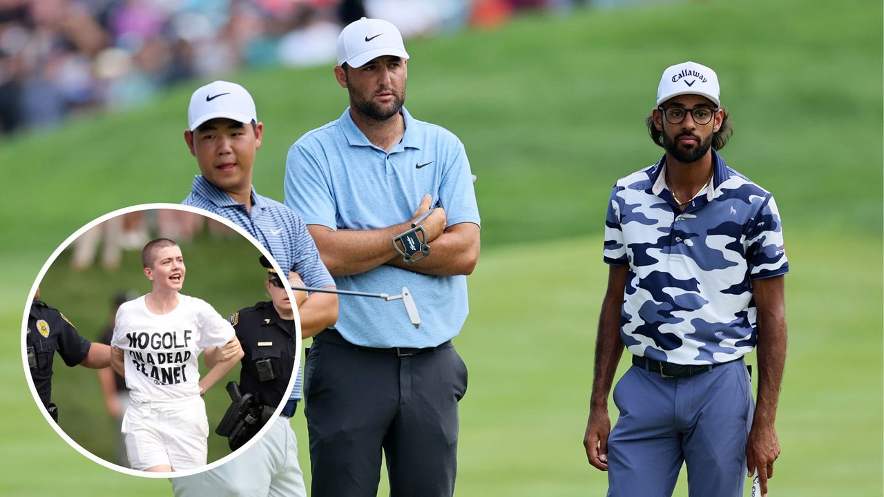 Main image of Tom Kim, Scottie Scheffler, and Akshay Bhatia waiting by the 18th green after protesters interrupted the closing stages of the 2024 Travelers Championship - inset shows one of the protesters