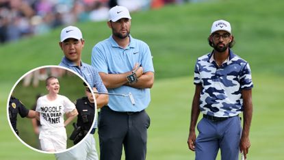 Main image of Tom Kim, Scottie Scheffler, and Akshay Bhatia waiting by the 18th green after protesters interrupted the closing stages of the 2024 Travelers Championship - inset shows one of the protesters