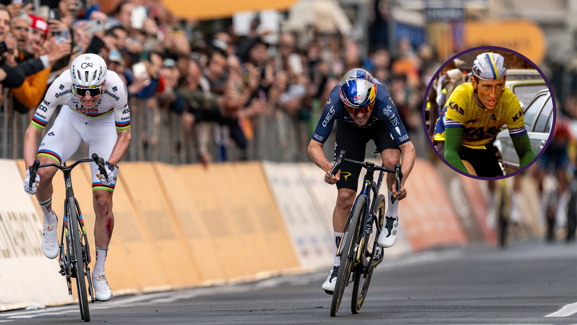 Tadej Pogačar and Tom Pidcock sprint for the line at Milan-San Remo, with Sean Kelly encircled