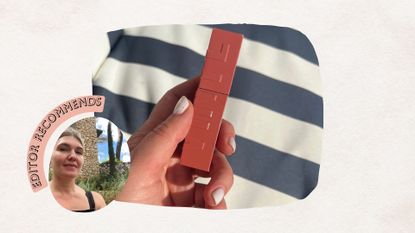 beauty editor fiona mckim pictured on holiday next to an image of a hand with white nails holding maybelline vinyl ink stain in front of a stripy outdoor sofa