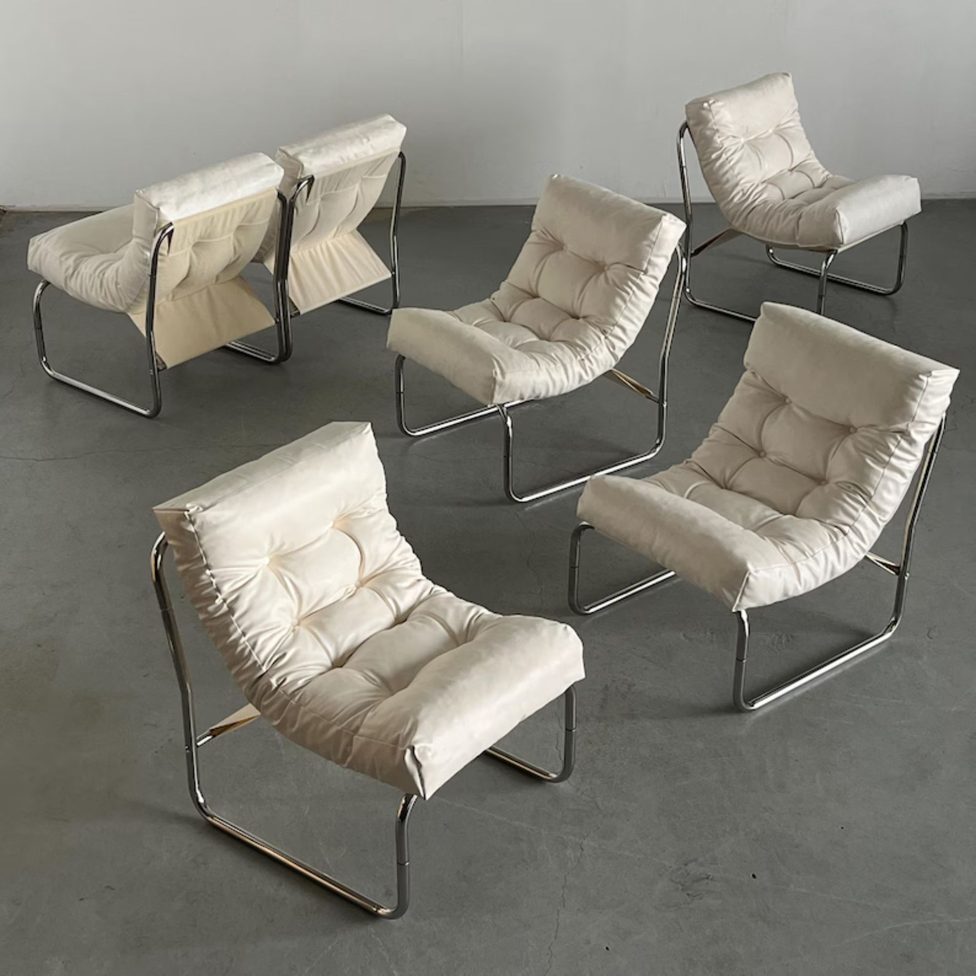 1 of 6 Vintage "Pixi" Lounge Chairs by Gillis Lundgren for IKEA, in Off White Leather and Chromed Tubular Steel, 1976