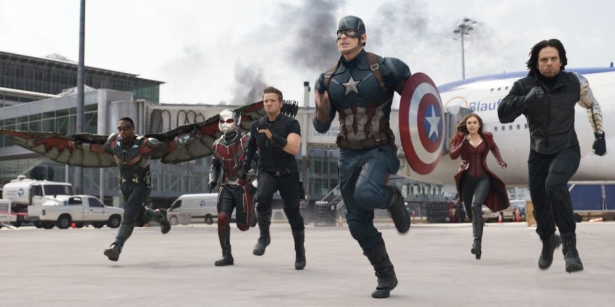 Team Cap (Falcon, Ant-man, Hawkeye, Captain America, Scarlet Witch, The Winter Soldier) running on a tarmac in Captain America: Civil War.