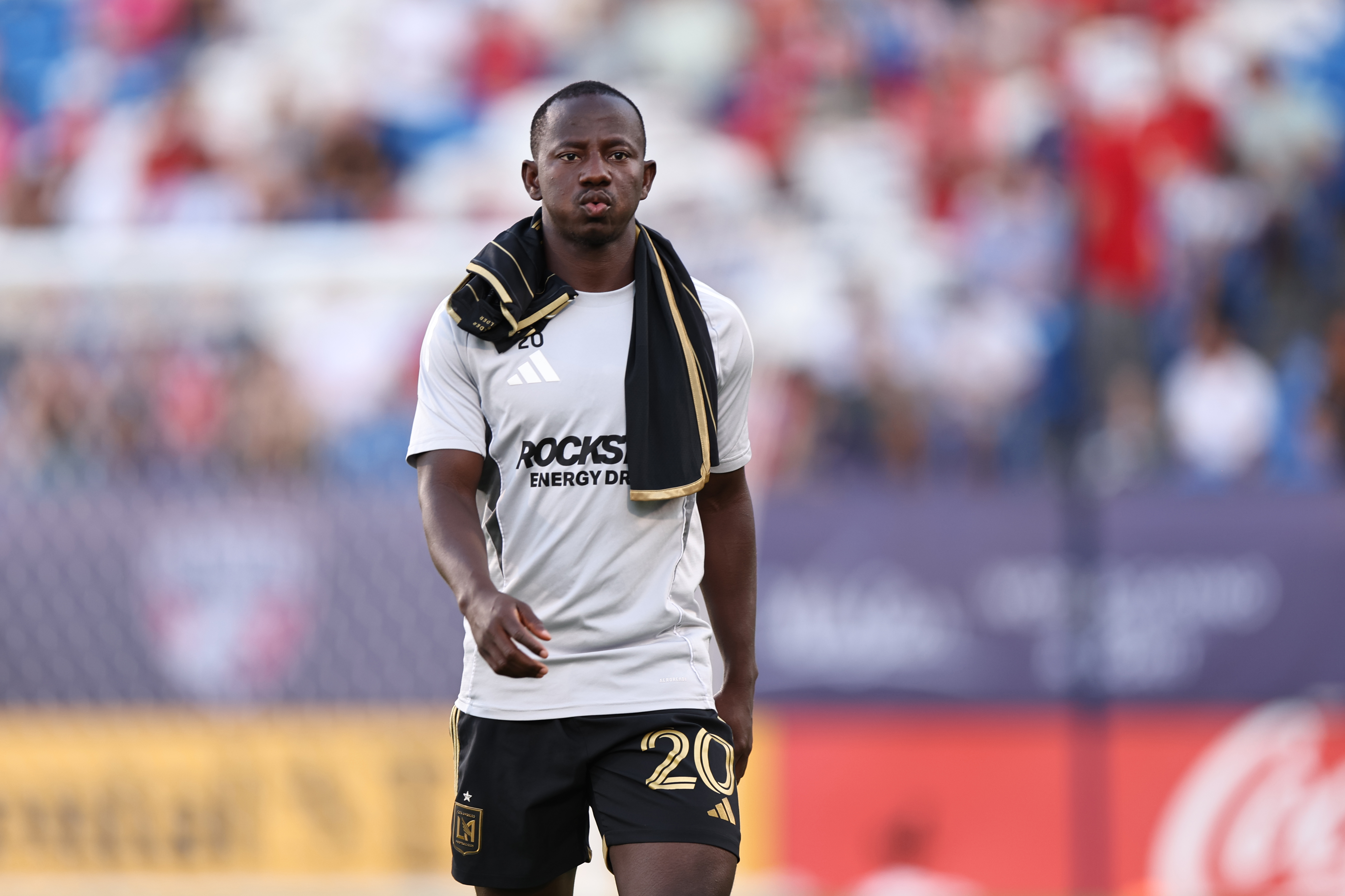FRISCO, TEXAS - AUGUST 23: Yaw Yeboah #20 of LAFC enters to the field before the MLS soccer game between FC Dallas and Los Angeles Football Club at Toyota Stadium on August 23, 2025 in Frisco, Texas. (Photo by Omar Vega/Getty Images)