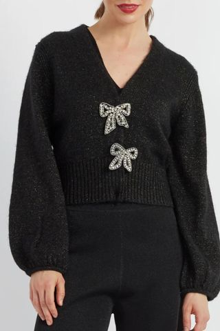 Chinti & Parker Black Merino Bow Brooch Cardigan