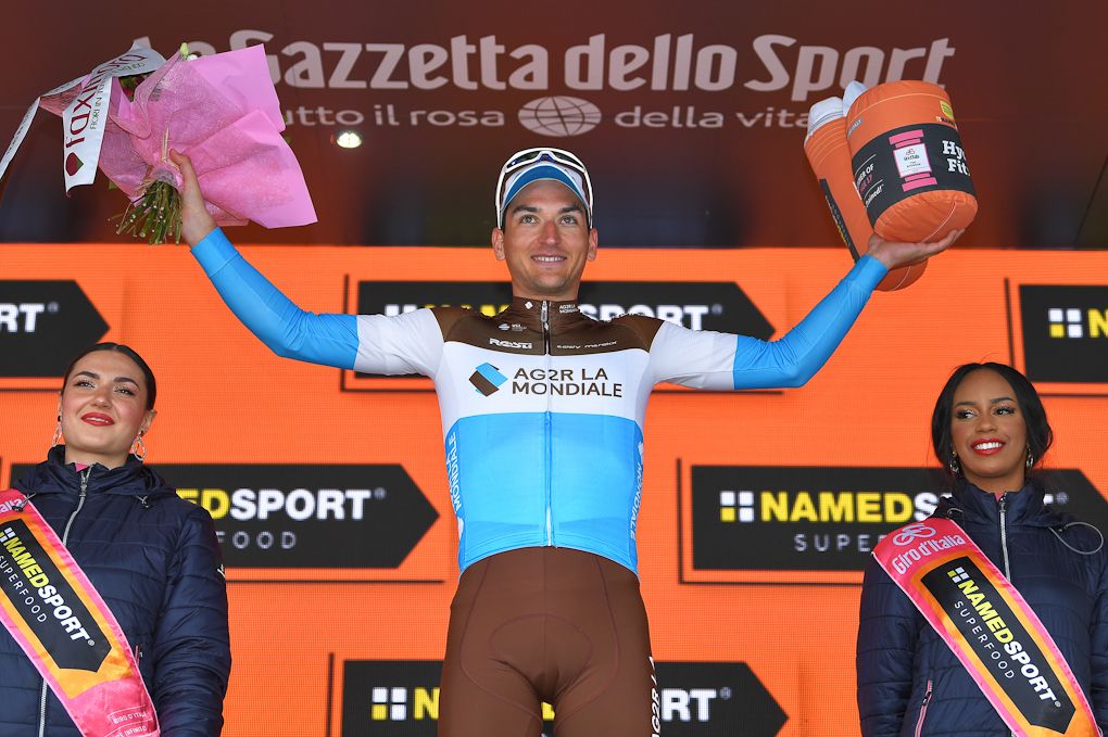 Nans Peters on the Giro podium after winning stage 17