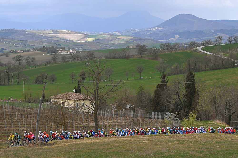 The Tirreno-Adriatico peloton in action during stage 6