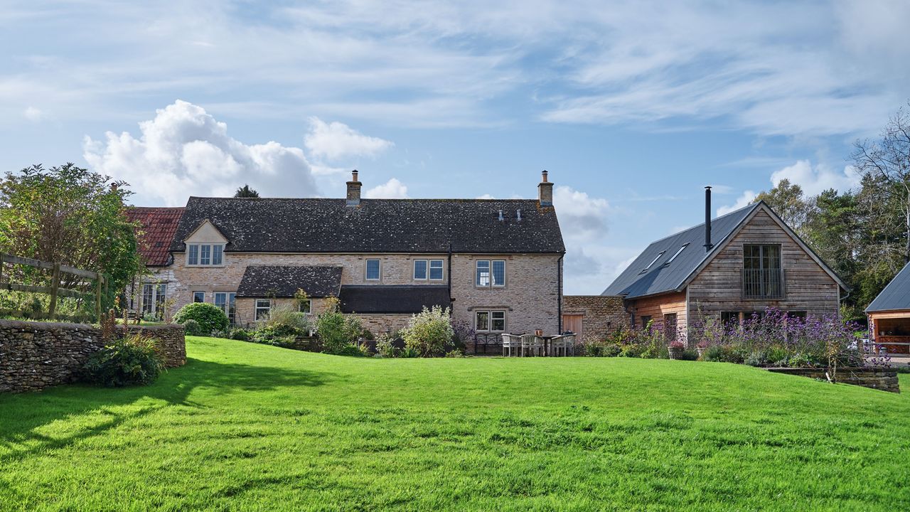 Large sloped grass lawn in garden