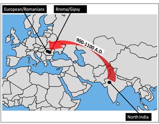 This map shows the migration of Roma people from northwest India to Europe.
