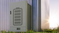illustration of large battery cabinet on exterior of building with sunlight in background
