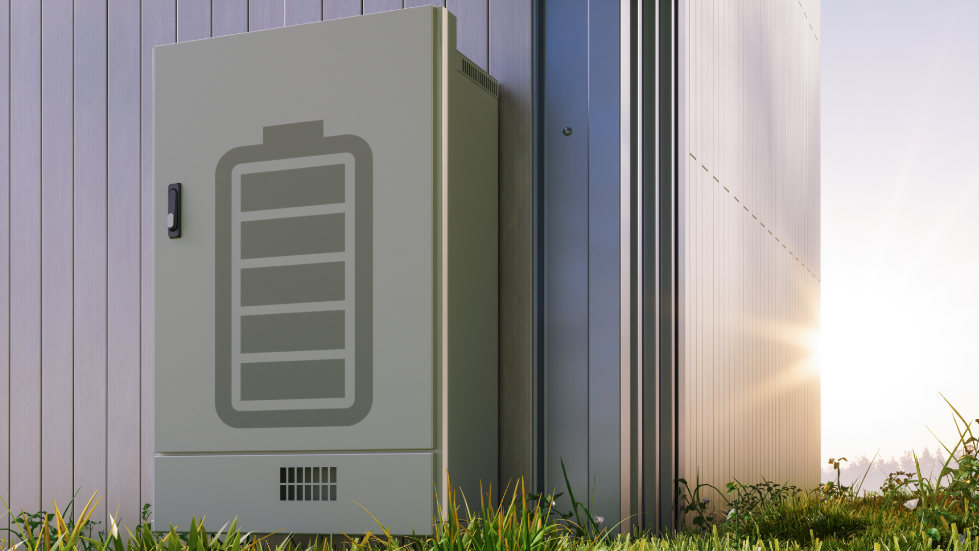 illustration of large battery cabinet on exterior of building with sunlight in background