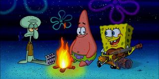 Spongebob, Patrick and Squidward in The Camping Episode in Spongebob Squarepants.