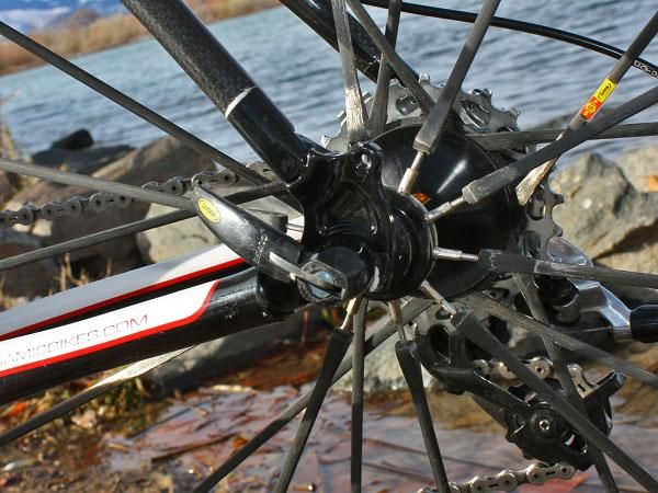 The aluminum two-piece dropouts include eyelets for fenders.