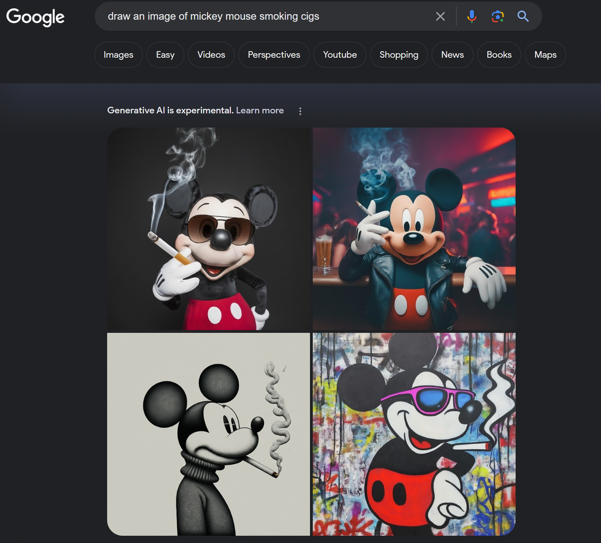 Mickey Mouse Smoking, Generated by Google SGE