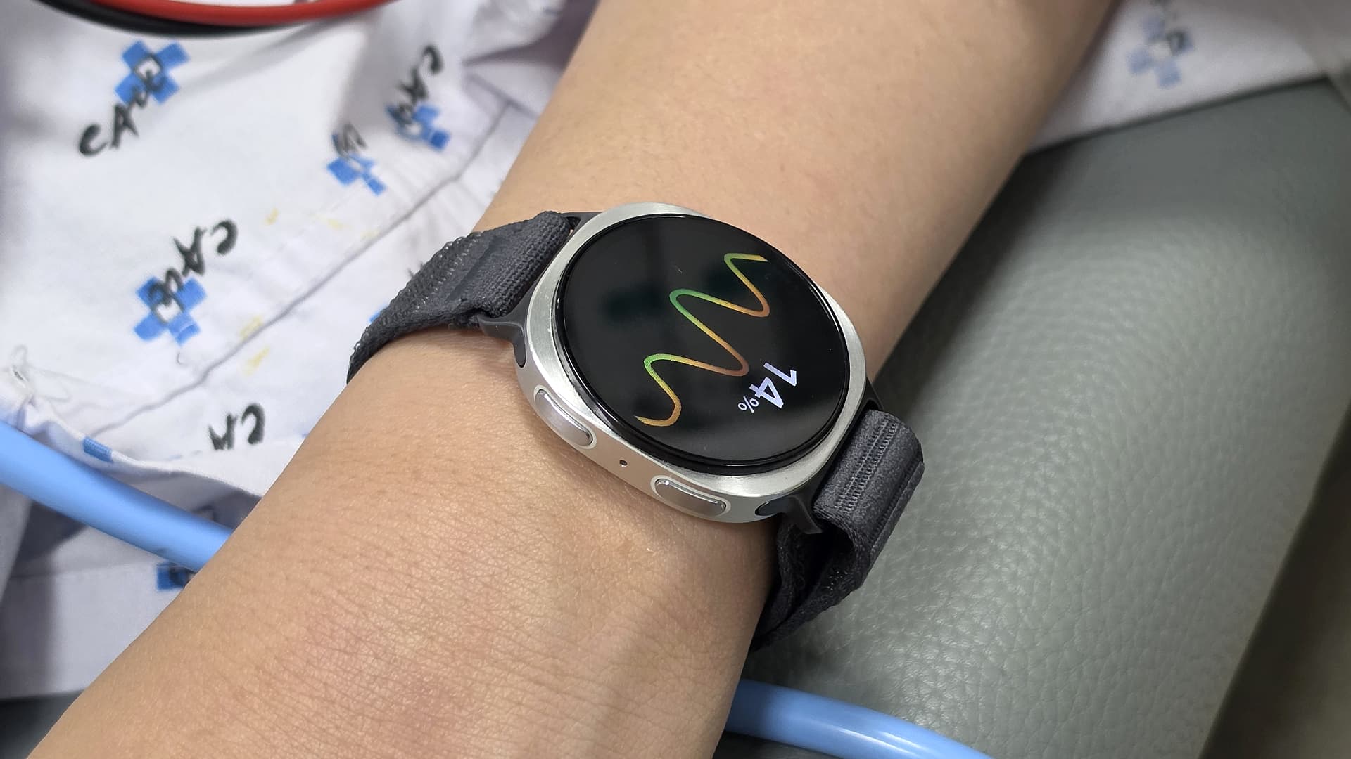 A person monitoring their heart rate on a Samsung Galaxy Watch.