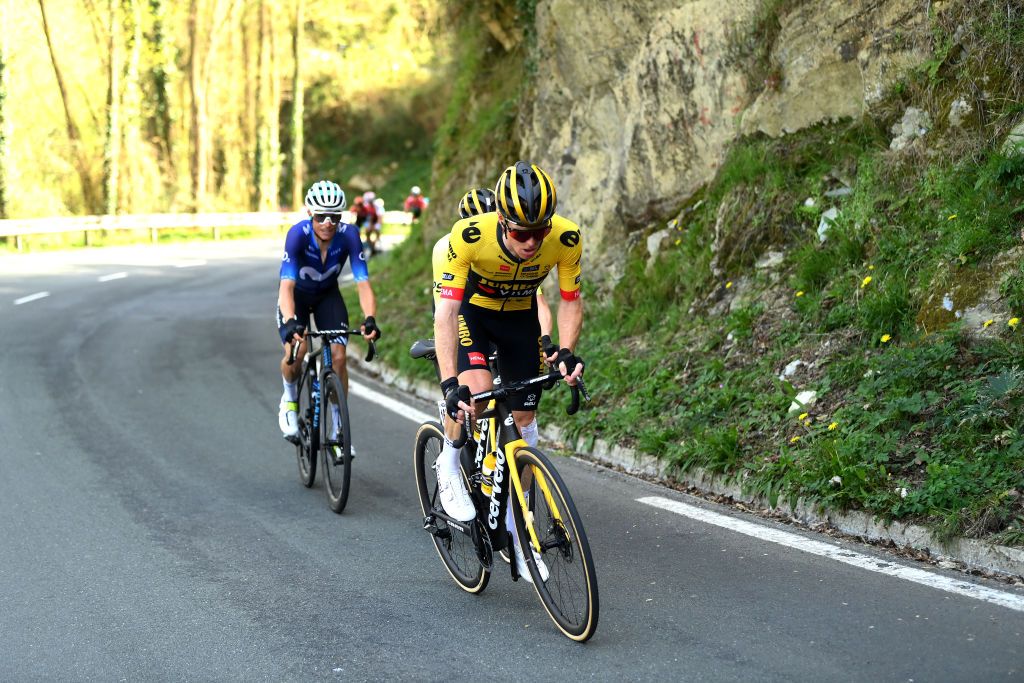 EIBAR SPAIN APRIL 08 LR Enric Mas of Spain and Movistar Team and Steven Kruijswijk of The Netherlands and Team Jumbo Visma compete during the 62nd Itzulia Basque Country Stage 6 a 1378km stage from Eibar to Eibar UCIWT on April 08 2023 in Eibar Spain Photo by David RamosGetty Images