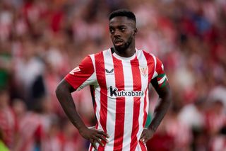 Inaki Williams of Athletic Club looks on during the La Liga EA Sports match between Athletic Club and Club Atletico de Madrid at Estadio de San Mames on August 31, 2024 in Bilbao, Spain.