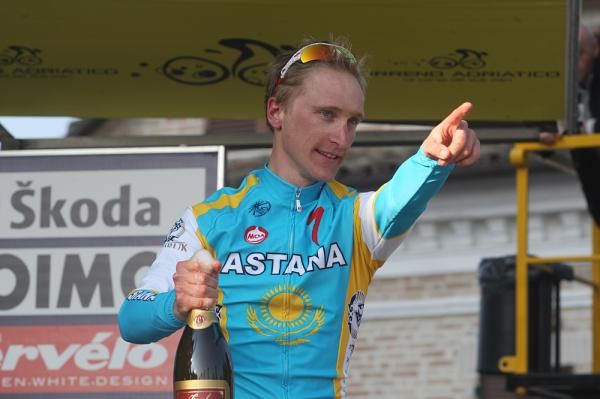 Enrico Gasparotto (Astana) on the stage winner's podium.