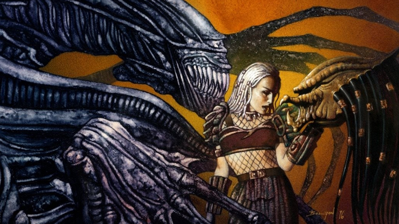 Image from the Aliens vs. Predator: Deadliest of the Species comic. A woman with long white dreadlocks is standing in between a giant Xenomorph alien (left) and a Predator creature on the right. She is caressing Predator's face.