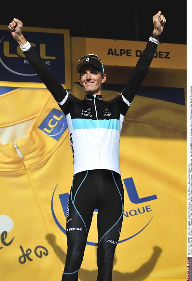 Andy Schleck enjoys his podium time at the 2011 Tour de France