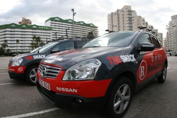 A close up of the Team RadioShack Nissan team cars